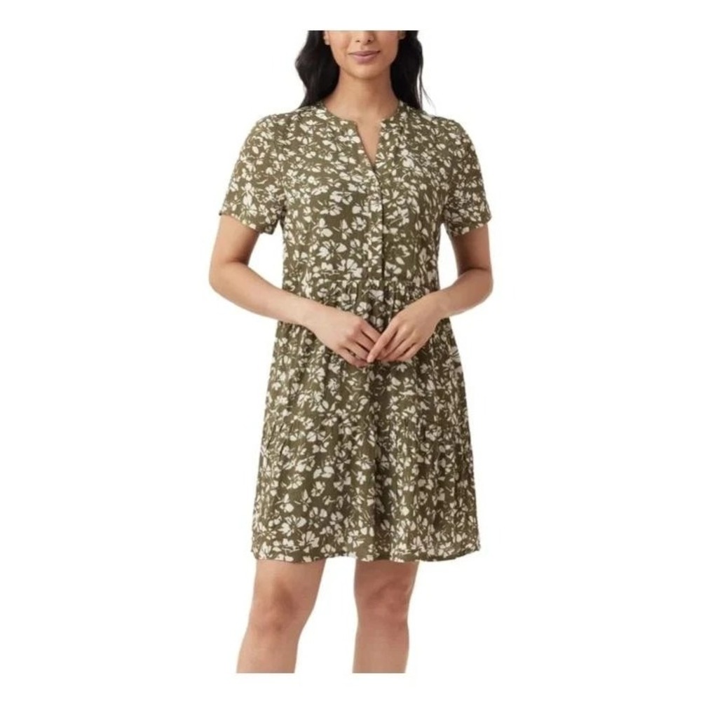 Hurley Womens Tiered Crinkle Dress Green Floral Babydoll Short Sleeve Medium NEW